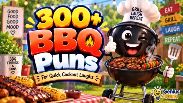 Colorful BBQ puns thumbnail featuring a smiling cartoon grill mascot and bold 3D "300+ BBQ Puns" text.