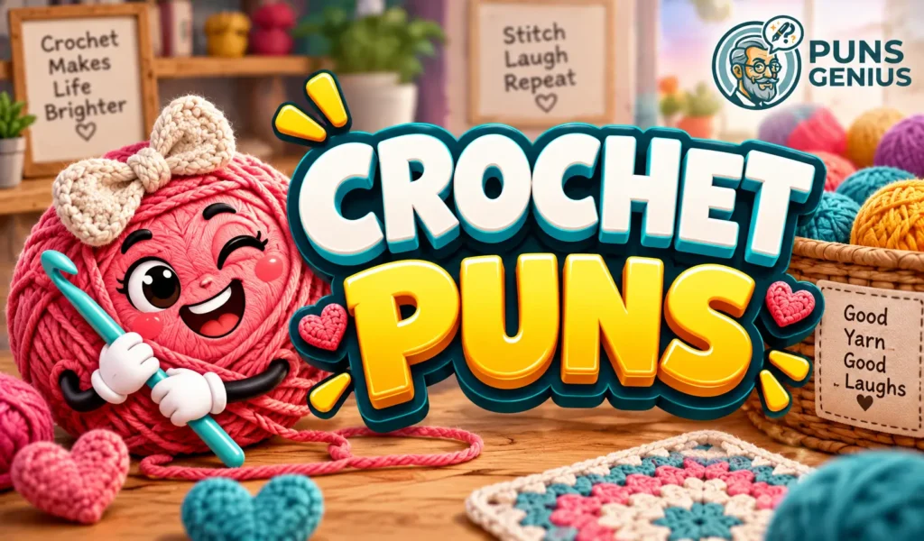 Crochet puns thumbnail with a cheerful yarn character and bold 3D crochet puns text