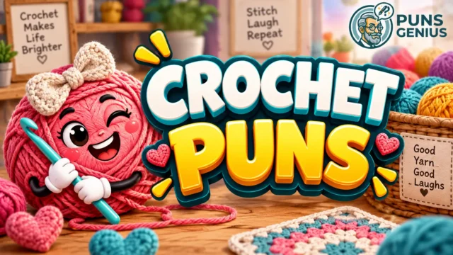 Crochet puns thumbnail with a cheerful yarn character and bold 3D crochet puns text