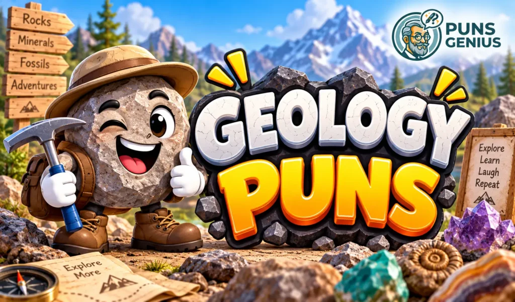 Geology puns thumbnail with a cheerful rock mascot and bold 3D geology puns text