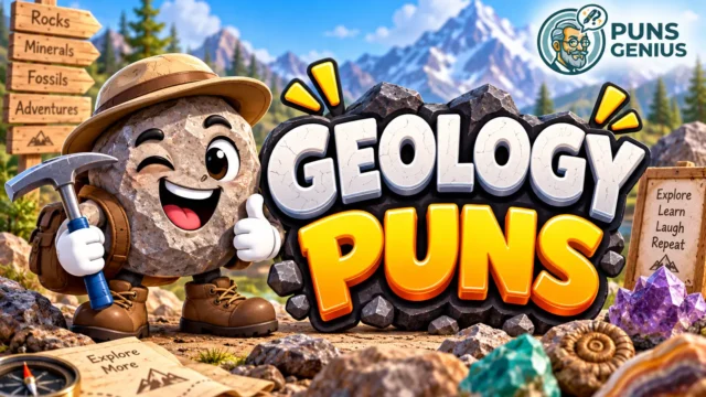 Geology puns thumbnail with a cheerful rock mascot and bold 3D geology puns text
