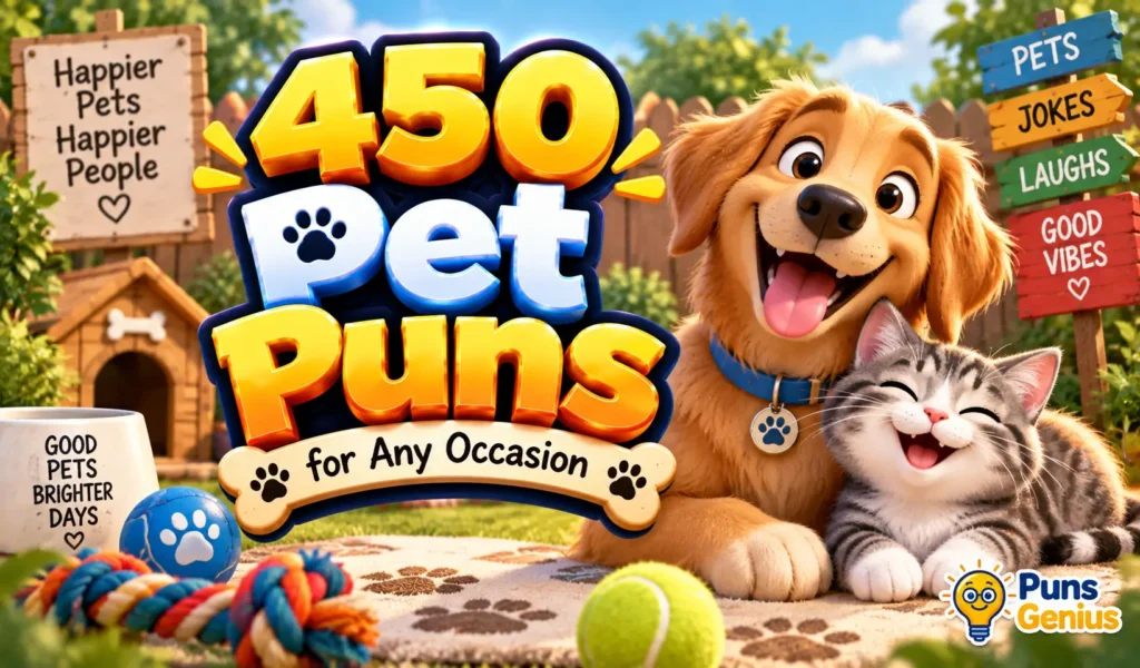 450 pet puns with a cheerful dog and cat in a colorful backyard scene