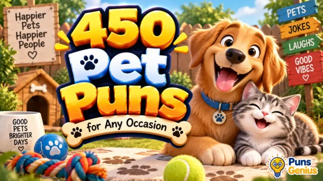 450 pet puns with a cheerful dog and cat in a colorful backyard scene