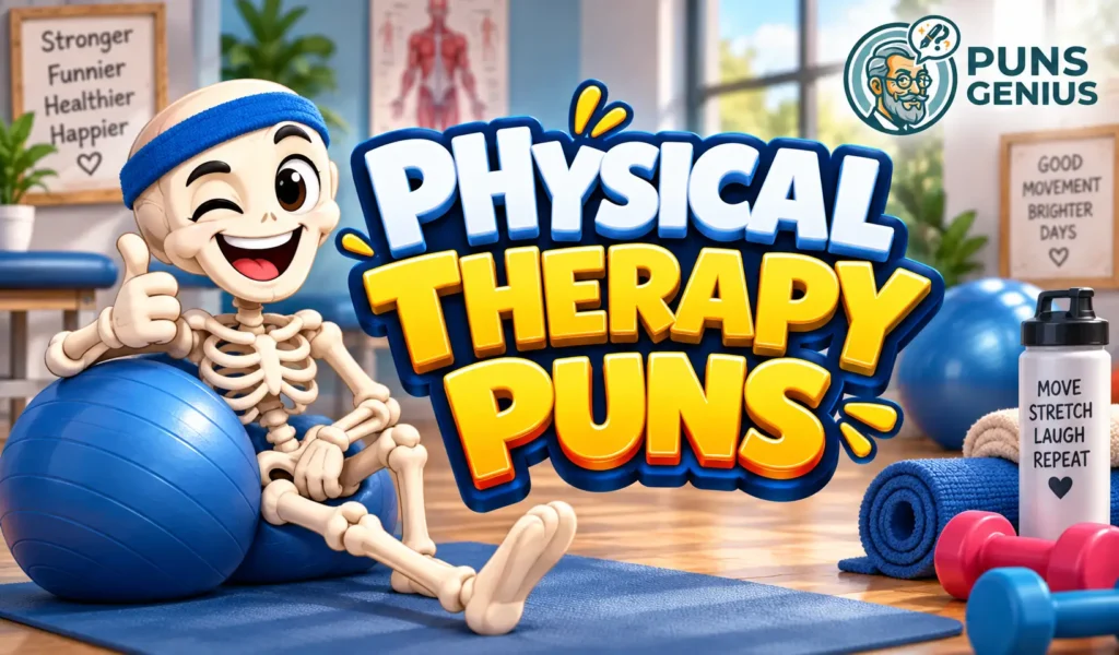 Physical therapy puns thumbnail with a cheerful skeleton mascot and bold 3D therapy puns text