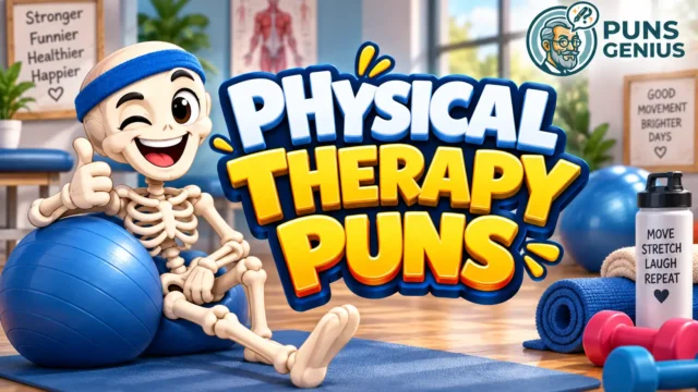 Physical therapy puns thumbnail with a cheerful skeleton mascot and bold 3D therapy puns text