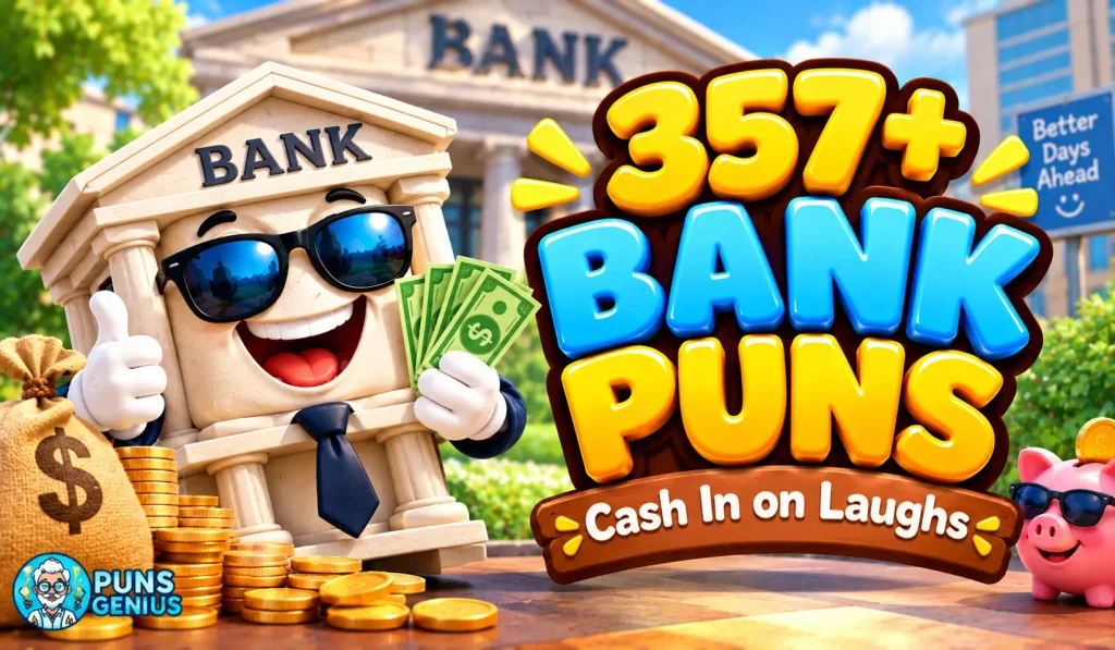 Funny bank puns with a smiling cartoon bank, cash, and colorful 3D lettering