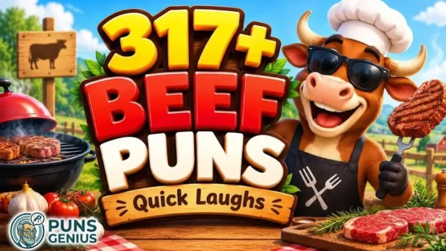 Beef puns thumbnail with a cartoon cow chef, grilled steak, and bold 3D lettering.