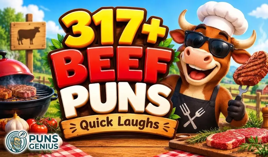 Beef puns thumbnail with a cartoon cow chef, grilled steak, and bold 3D lettering.