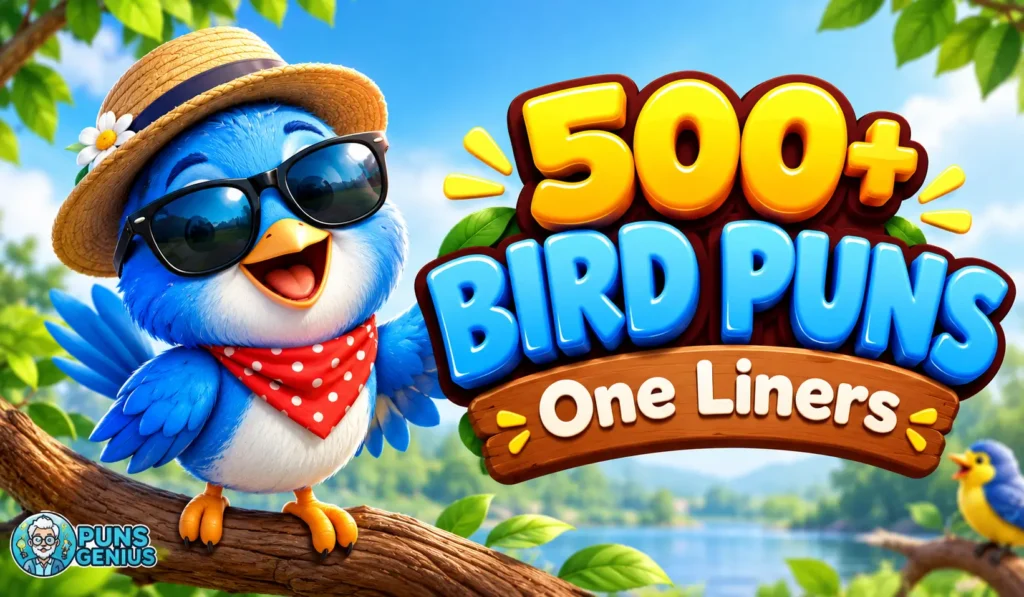 Bird puns one liners thumbnail featuring a cheerful blue bird in sunglasses and a straw hat with bold 3D lettering.