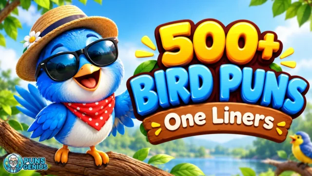 Bird puns one liners thumbnail featuring a cheerful blue bird in sunglasses and a straw hat with bold 3D lettering.