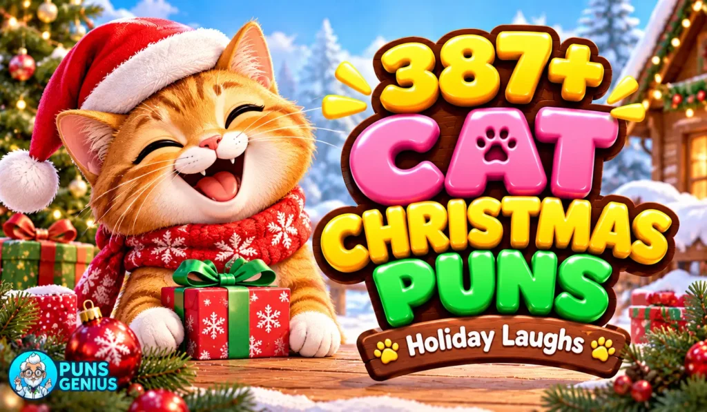 cat christmas puns featuring a cheerful orange cat in a Santa hat beside colorful 3D Christmas lettering