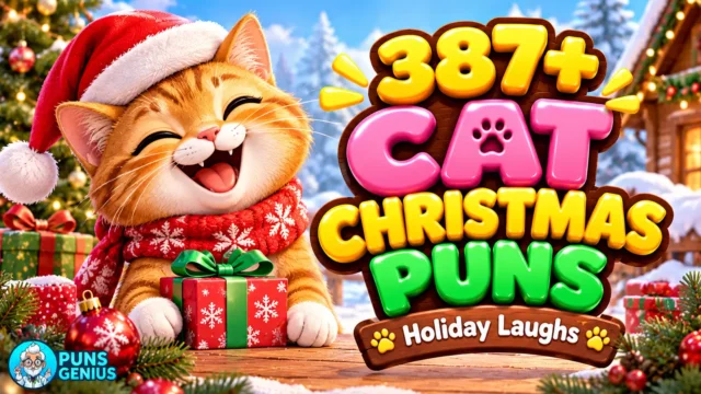 cat christmas puns featuring a cheerful orange cat in a Santa hat beside colorful 3D Christmas lettering
