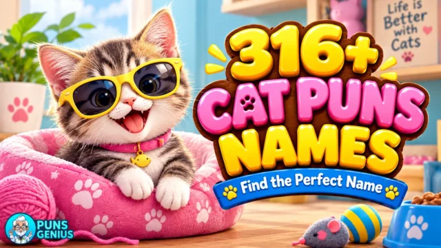 cat puns names featuring a cute gray-and-white kitten in yellow sunglasses beside colorful 3D lettering