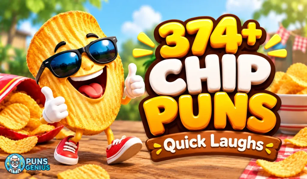 Chip puns thumbnail featuring a smiling cartoon potato chip in sunglasses beside bold 3D lettering and the Puns Genius logo.