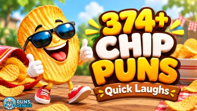 Chip puns thumbnail featuring a smiling cartoon potato chip in sunglasses beside bold 3D lettering and the Puns Genius logo.