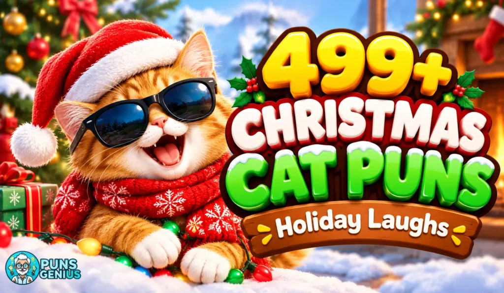 Christmas cat puns thumbnail featuring a cheerful orange cat in a Santa hat and sunglasses with colorful 3D lettering.