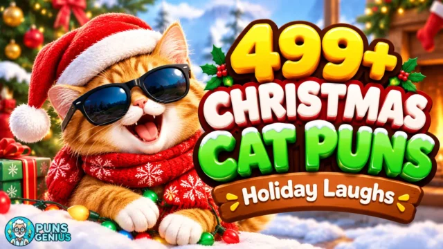 Christmas cat puns thumbnail featuring a cheerful orange cat in a Santa hat and sunglasses with colorful 3D lettering.