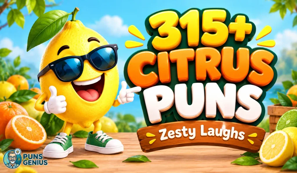 Citrus puns thumbnail with a smiling lemon mascot, colorful 3D lettering, and fresh citrus fruit.