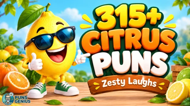 Citrus puns thumbnail with a smiling lemon mascot, colorful 3D lettering, and fresh citrus fruit.