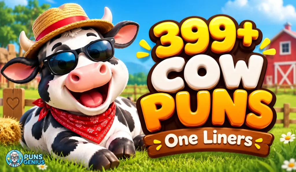 Cow puns one liners thumbnail featuring a smiling cow in sunglasses and a straw hat with bold 3D lettering.