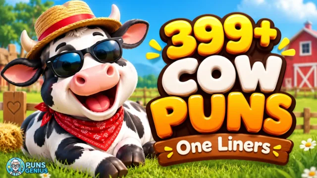 Cow puns one liners thumbnail featuring a smiling cow in sunglasses and a straw hat with bold 3D lettering.