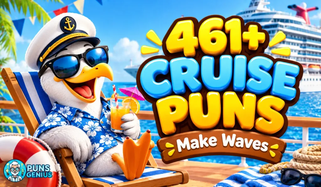 A cheerful cartoon seagull on a cruise ship with bold 461+ cruise puns lettering.