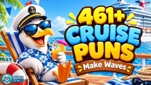A cheerful cartoon seagull on a cruise ship with bold 461+ cruise puns lettering.