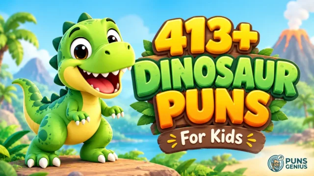 Dinosaur puns for kids thumbnail featuring a smiling green cartoon dinosaur and colorful 3D text reading 413+ Dinosaur Puns.