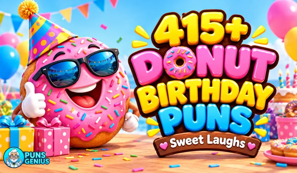 donut birthday puns featuring a smiling sprinkle-covered donut with birthday decorations and colorful 3D text