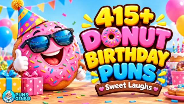 donut birthday puns featuring a smiling sprinkle-covered donut with birthday decorations and colorful 3D text