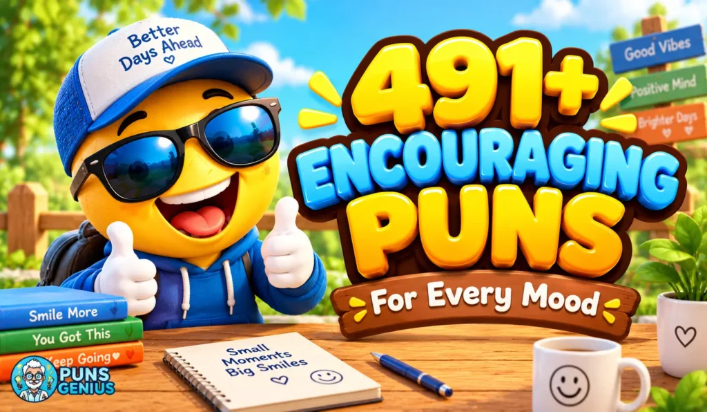 Encouraging puns thumbnail with a cheerful yellow mascot giving thumbs up beside colorful 3D lettering and the Puns Genius logo.