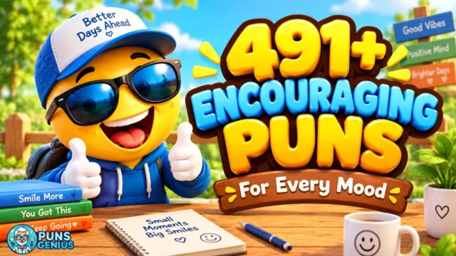 Encouraging puns thumbnail with a cheerful yellow mascot giving thumbs up beside colorful 3D lettering and the Puns Genius logo.