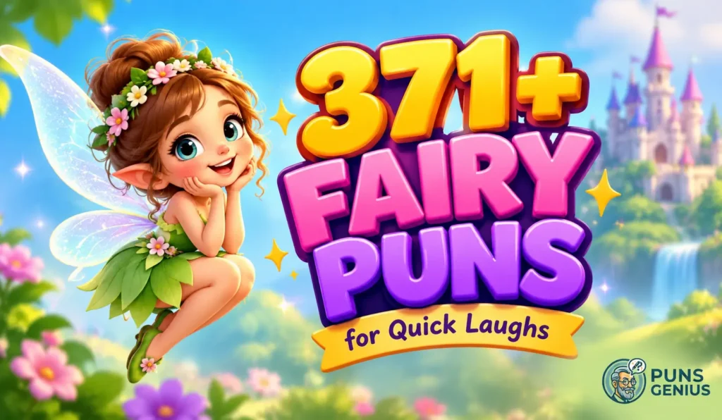 Fairy puns thumbnail featuring a cute fairy and colorful 3D text reading 371+ Fairy Puns.
