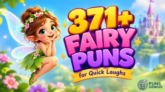 Fairy puns thumbnail featuring a cute fairy and colorful 3D text reading 371+ Fairy Puns.
