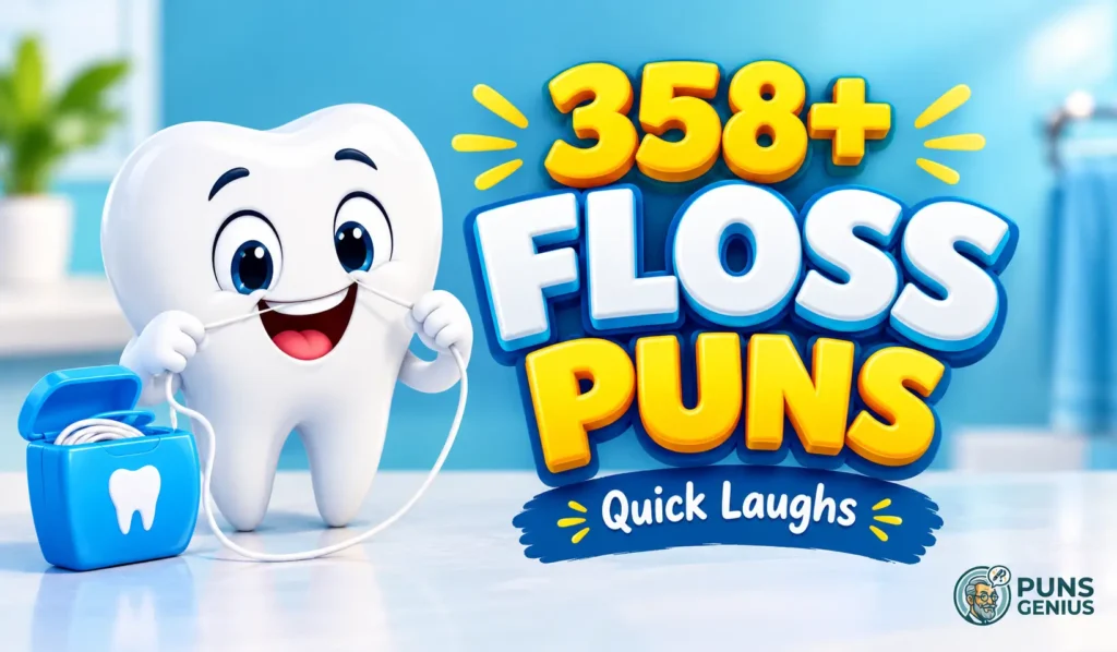 Floss puns thumbnail featuring a smiling cartoon tooth flossing with 358+ funny floss puns text and Puns Genius logo.