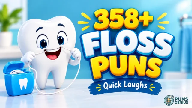 Floss puns thumbnail featuring a smiling cartoon tooth flossing with 358+ funny floss puns text and Puns Genius logo.