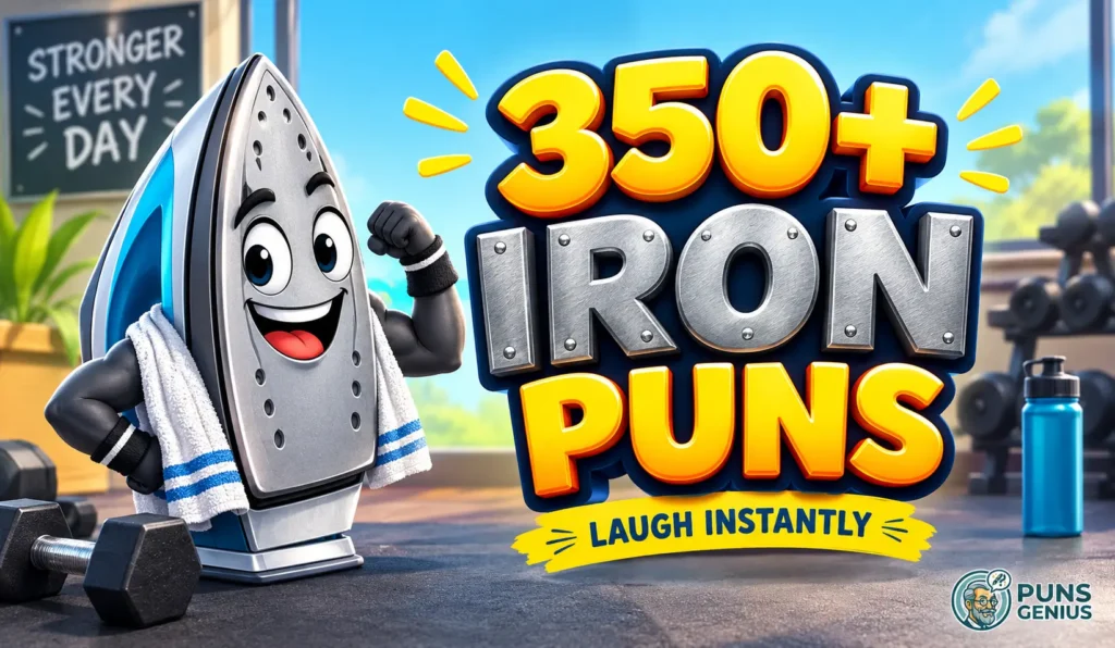 Iron puns thumbnail featuring a smiling cartoon iron lifting weights in a gym.