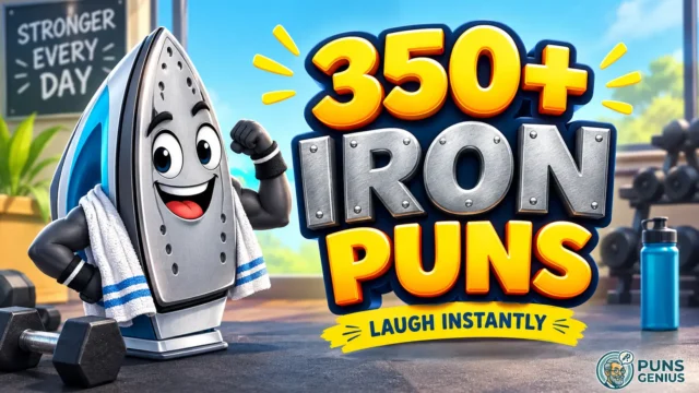 Iron puns thumbnail featuring a smiling cartoon iron lifting weights in a gym.