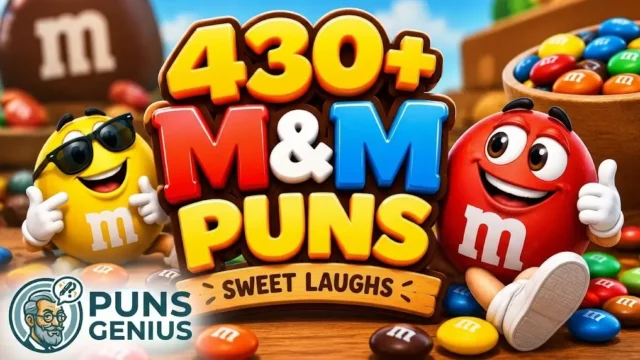 430+ M&M puns and sayings thumbnail with colorful candy characters and Puns Genius branding