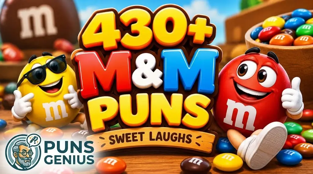 430+ M&M puns and sayings thumbnail with colorful candy characters and Puns Genius branding