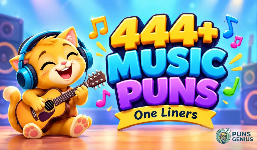 Music puns one liners thumbnail with a cute orange kitten playing guitar and colorful 3D lettering.