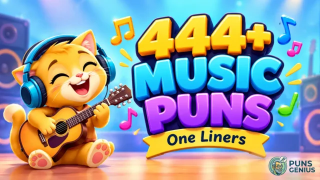 Music puns one liners thumbnail with a cute orange kitten playing guitar and colorful 3D lettering.