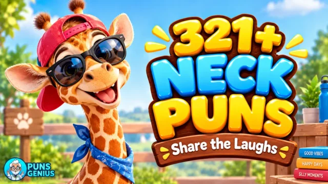 neck puns thumbnail featuring a cheerful cartoon giraffe beside bold 3D neck puns lettering