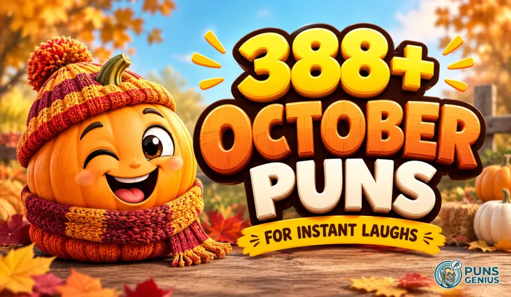 October puns thumbnail with a cute smiling pumpkin, autumn leaves, and bold 3D October Puns lettering.