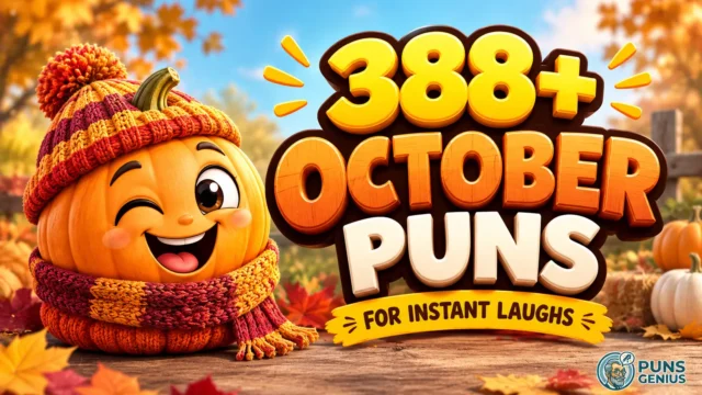 October puns thumbnail with a cute smiling pumpkin, autumn leaves, and bold 3D October Puns lettering.