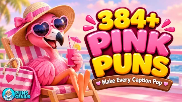 pink puns featuring a cheerful pink flamingo and colorful 3D text on a tropical background