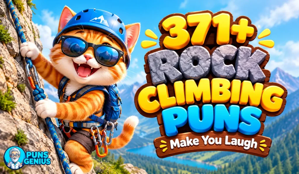 rock climbing puns thumbnail featuring a cartoon cat climbing a rocky cliff in a helmet and sunglasses