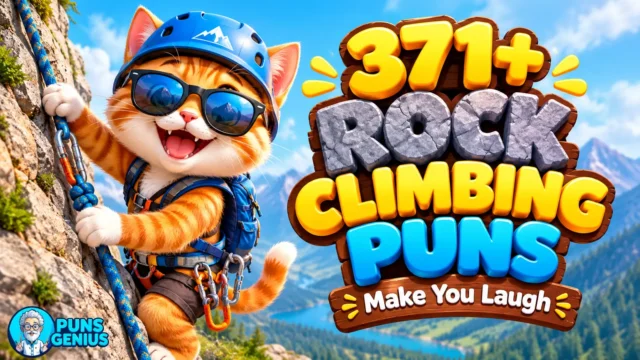 rock climbing puns thumbnail featuring a cartoon cat climbing a rocky cliff in a helmet and sunglasses