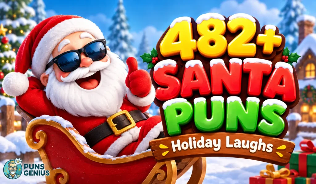 Santa puns thumbnail with a cheerful Santa in sunglasses, colorful Christmas lettering, and a snowy holiday background.