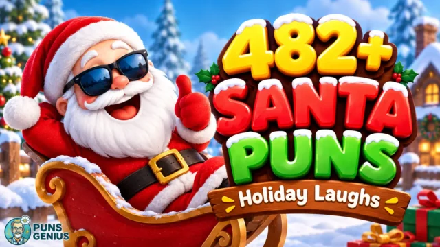 Santa puns thumbnail with a cheerful Santa in sunglasses, colorful Christmas lettering, and a snowy holiday background.